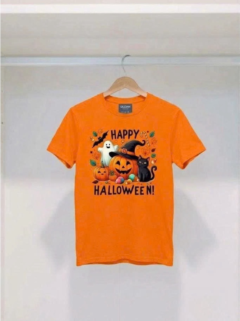 Cute Happy Halloween T-Shirt Spooky Pumpkin Ghost Black Cat Graphic Tee Orange